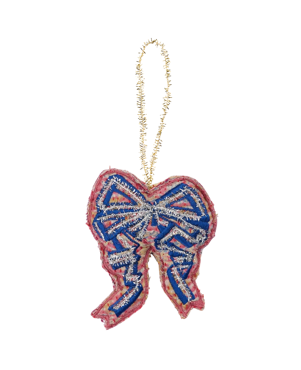 Christmas Bow Ornament - Silver Blue Pink