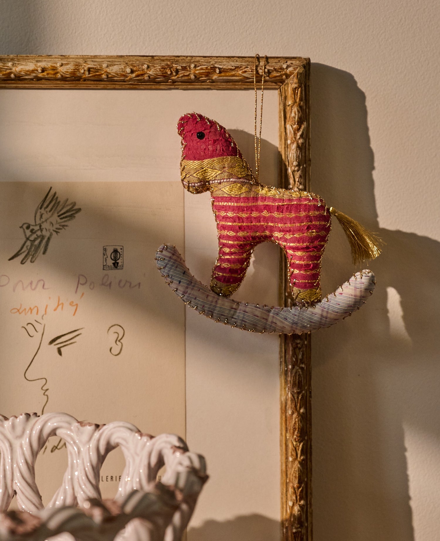 Rocking Kantha Horse Ornament - Espresso Gold